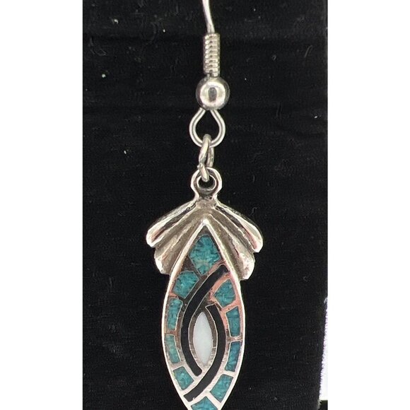 Vintage Silver-Plated Dangle Earrings With Turquoise & White Inlay Leaf Design H - Picture 3 of 6